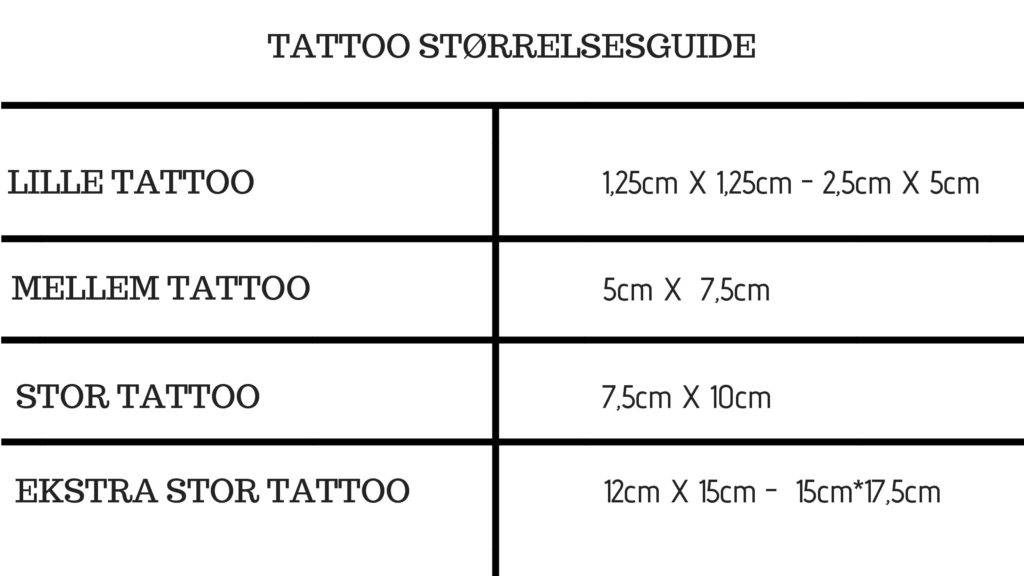 Størrelsesguide - oversigt over tatoveringer